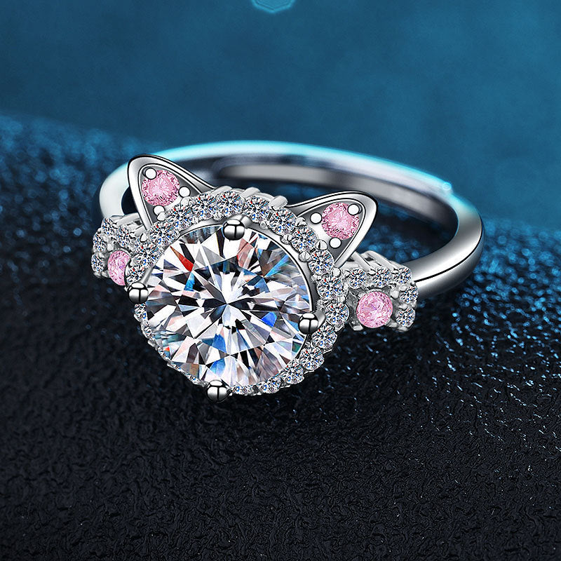 Gemstonely-Sterling Silver 2 Carat Cute Cat Ring with Pink Cat Paw and Cubic Zirconia Adjustable Ring