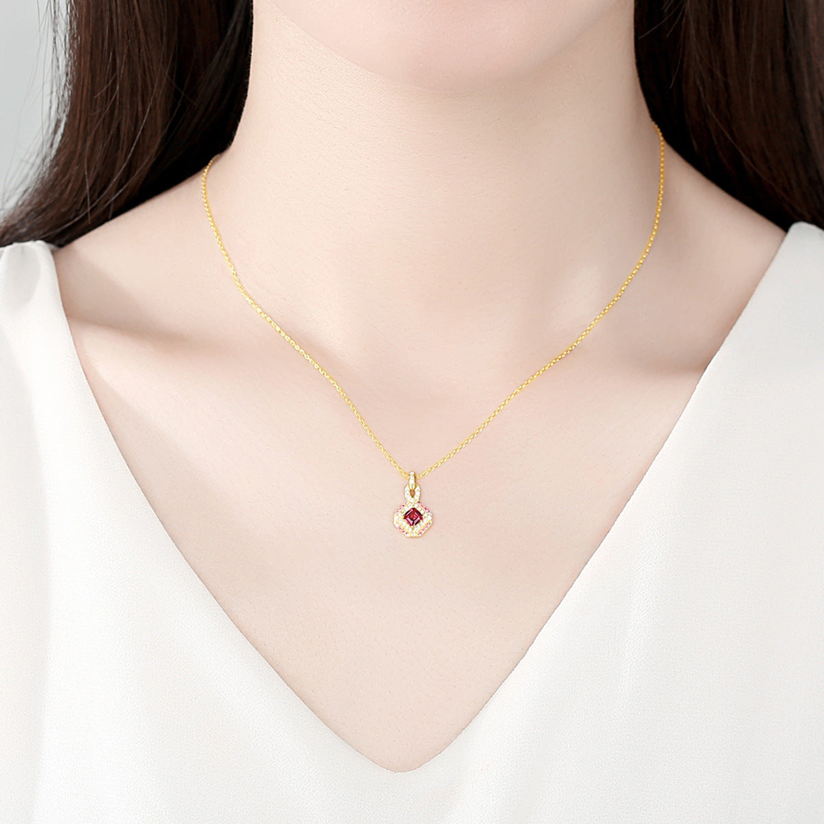 Gemstonely- Vintage and Elegant: S925 Silver Necklace with Red Gemstone Pendant for Women Simulated Ruby in Light Luxury Style