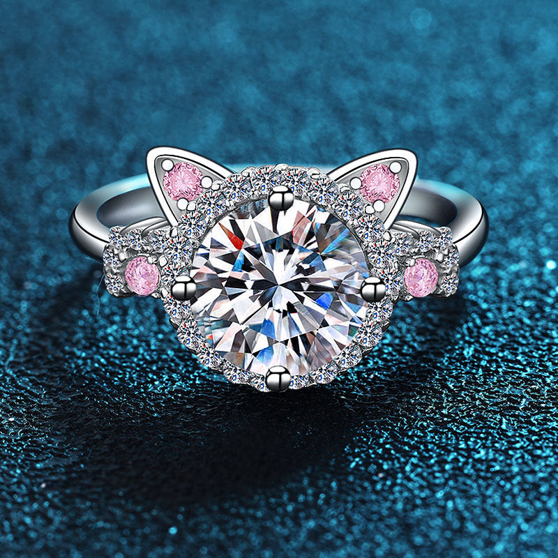 Gemstonely-Sterling Silver 2 Carat Cute Cat Ring with Pink Cat Paw and Cubic Zirconia Adjustable Ring