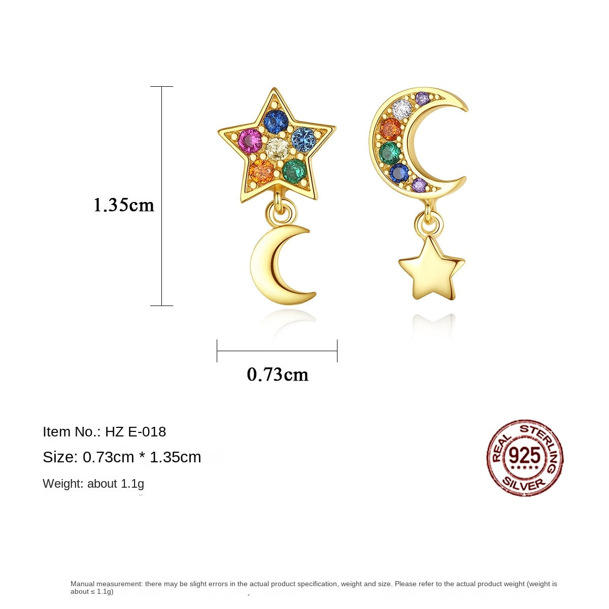 Gemstonely-Charming S925 Silver Asymmetric Star and Moon Earrings - Colorful Zirconia Ear Studs